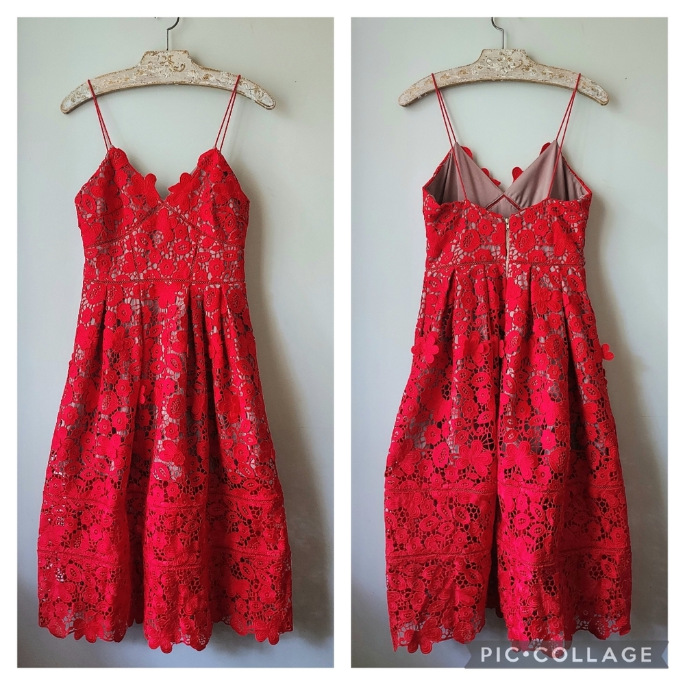 Self-Portrait Azalea Red Lace Fit & Flare Midi Dress Size 4 - Picture 6 of 16